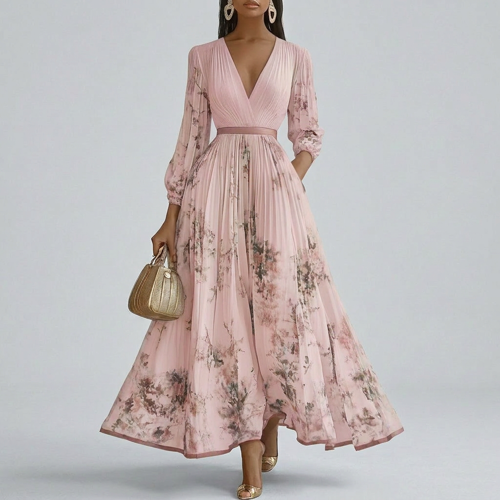 Flora - Floral Print Long Sleeve V-Neck Maxi Dress
