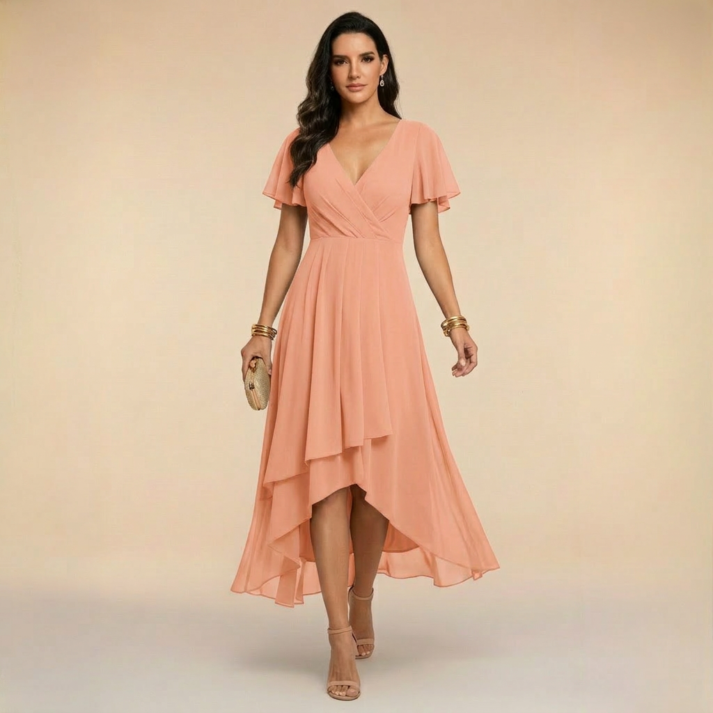 Aurora - Rochie midi în stratificat, cu mâneci scurte tip fluture și tiv asimetric