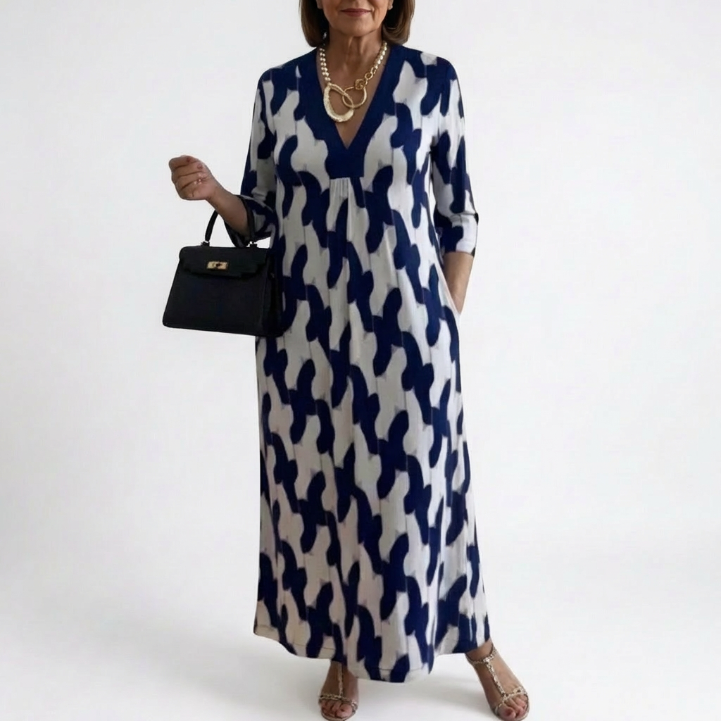 Liorenna Women's Dress | V-Neck + Printed Loose-Fit Long Dress