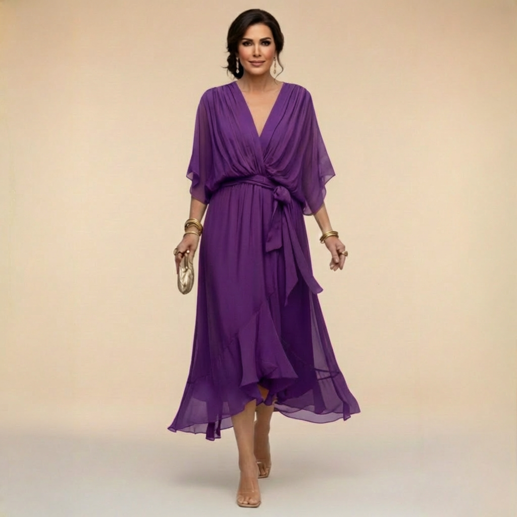 Celeste - Rochie Midi tip Sal cu Mâneci Kimono Fluide