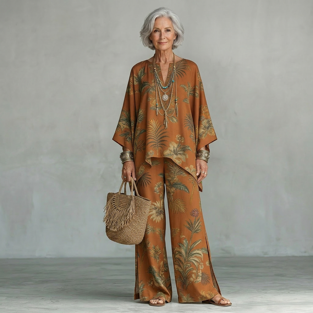 Boho Kaftan Top & Wide-Leg Trouser Set