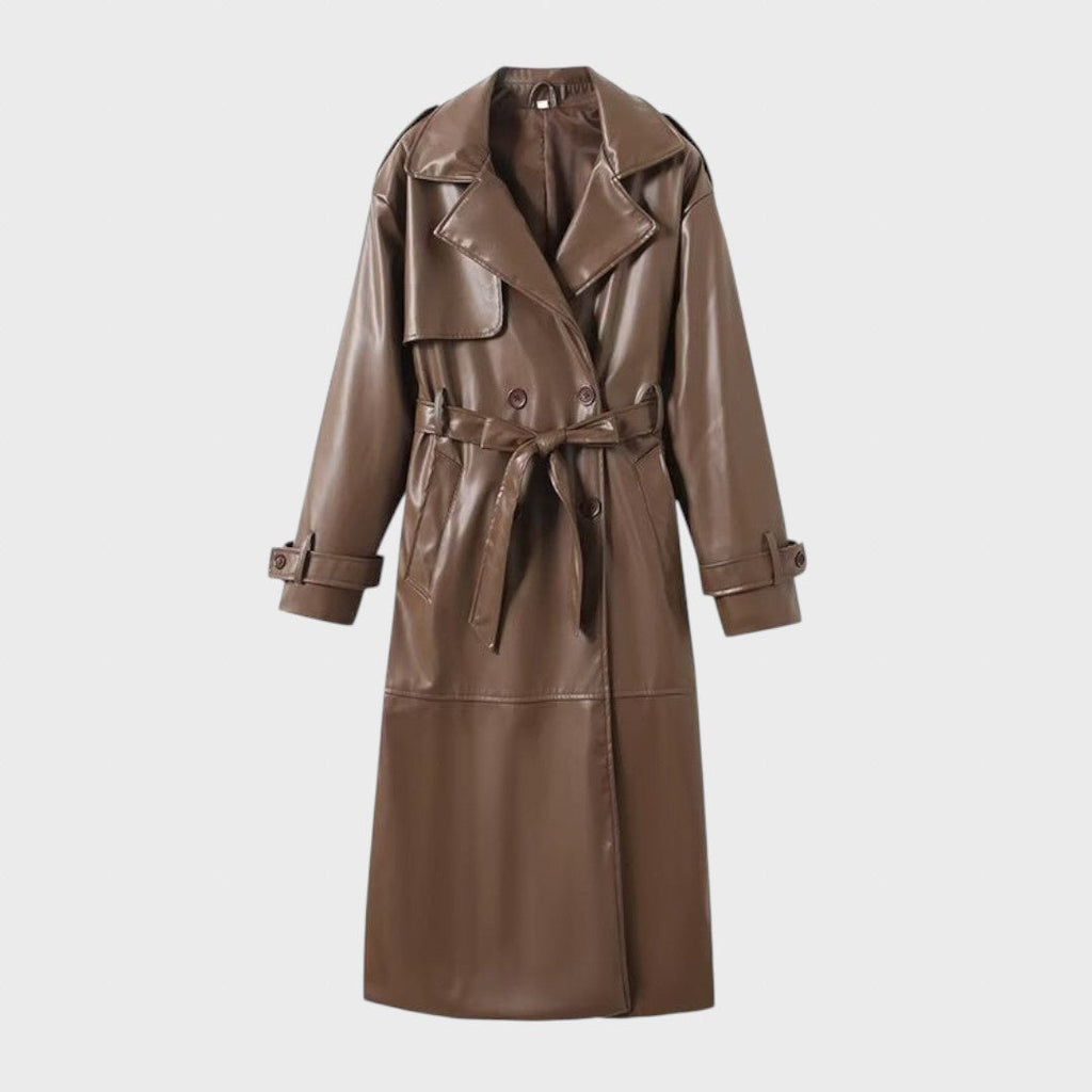 Ilgatis | Women's Long Raincoat Made of Artificial Leather with Reversible Lapels