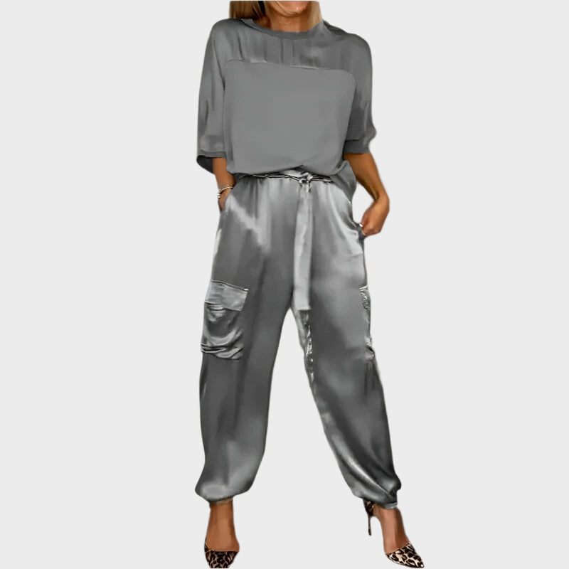 Set satin cu bluză lejeră și pantaloni cargo