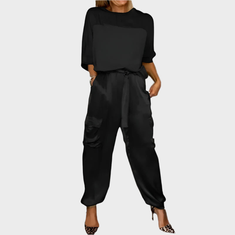 Set satin cu bluză lejeră și pantaloni cargo