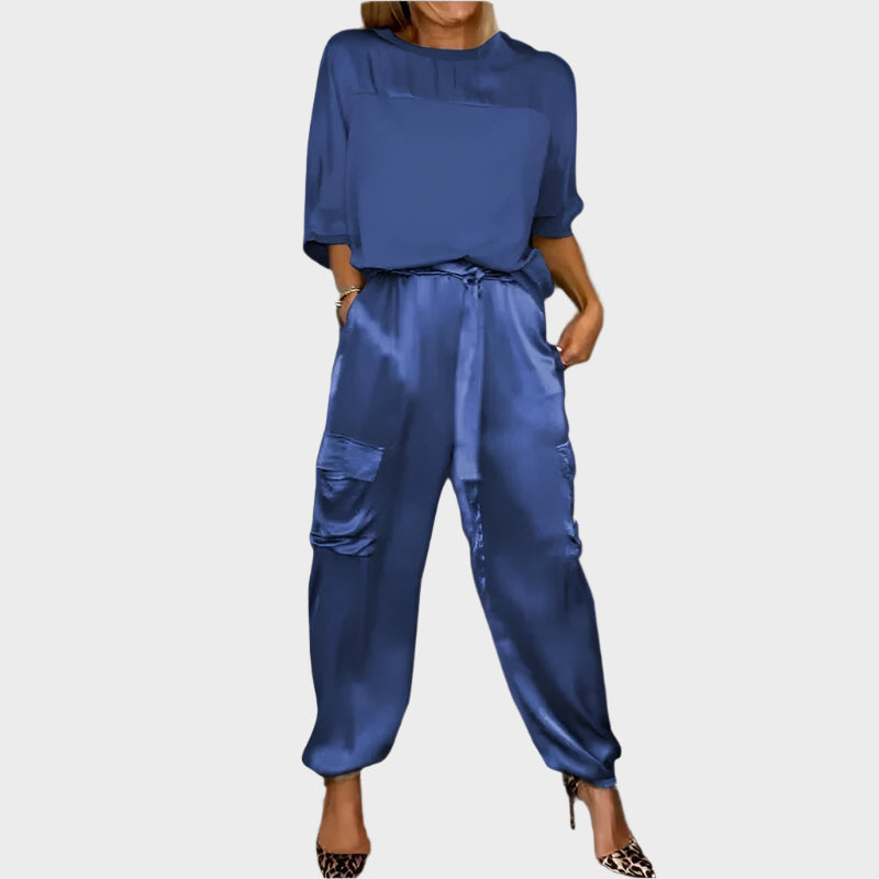 Set satin cu bluză lejeră și pantaloni cargo