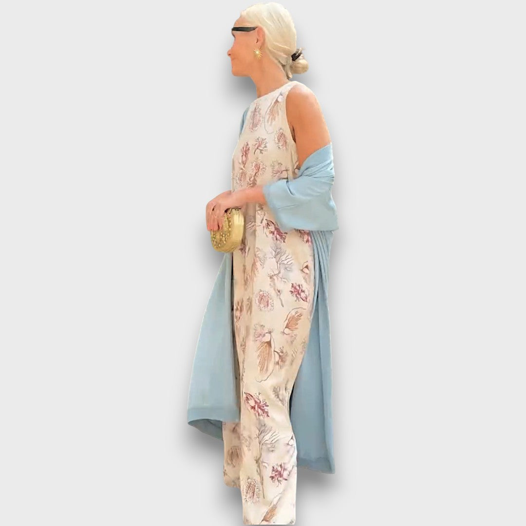 Long Dress with Floral Pattern and Light Jacket