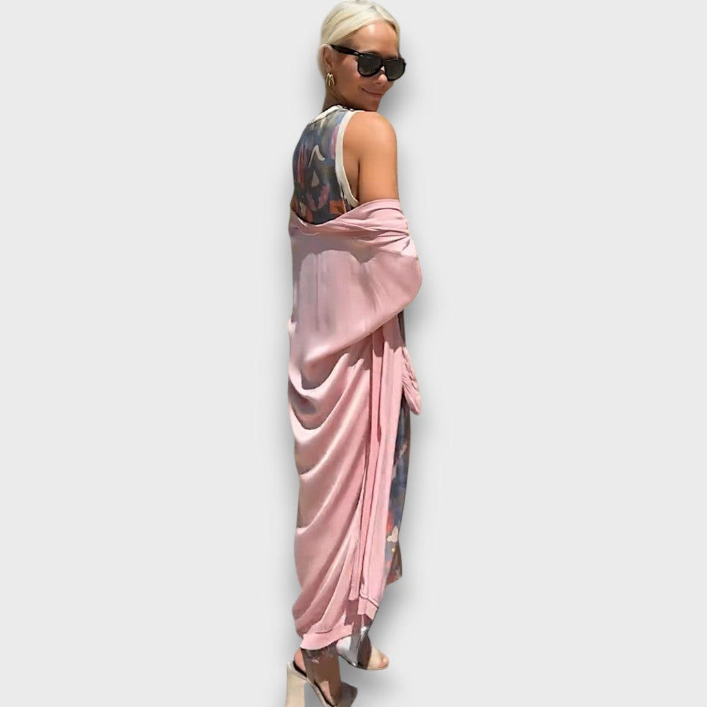 Long Dress with Floral Pattern and Light Jacket
