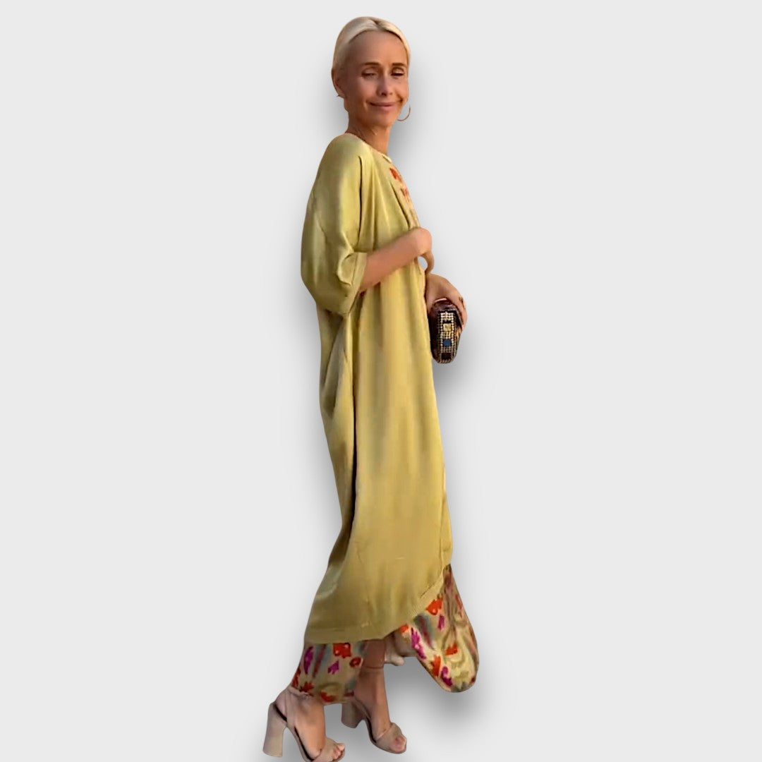Long Dress with Floral Pattern and Light Jacket