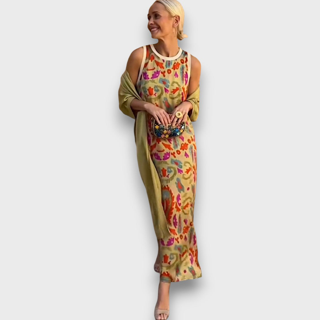 Long Dress with Floral Pattern and Light Jacket