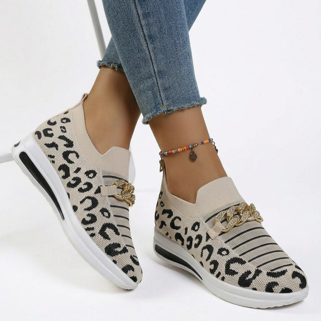Stella - Leopard Print Slip-On Sneakers with Gold Chain Detail