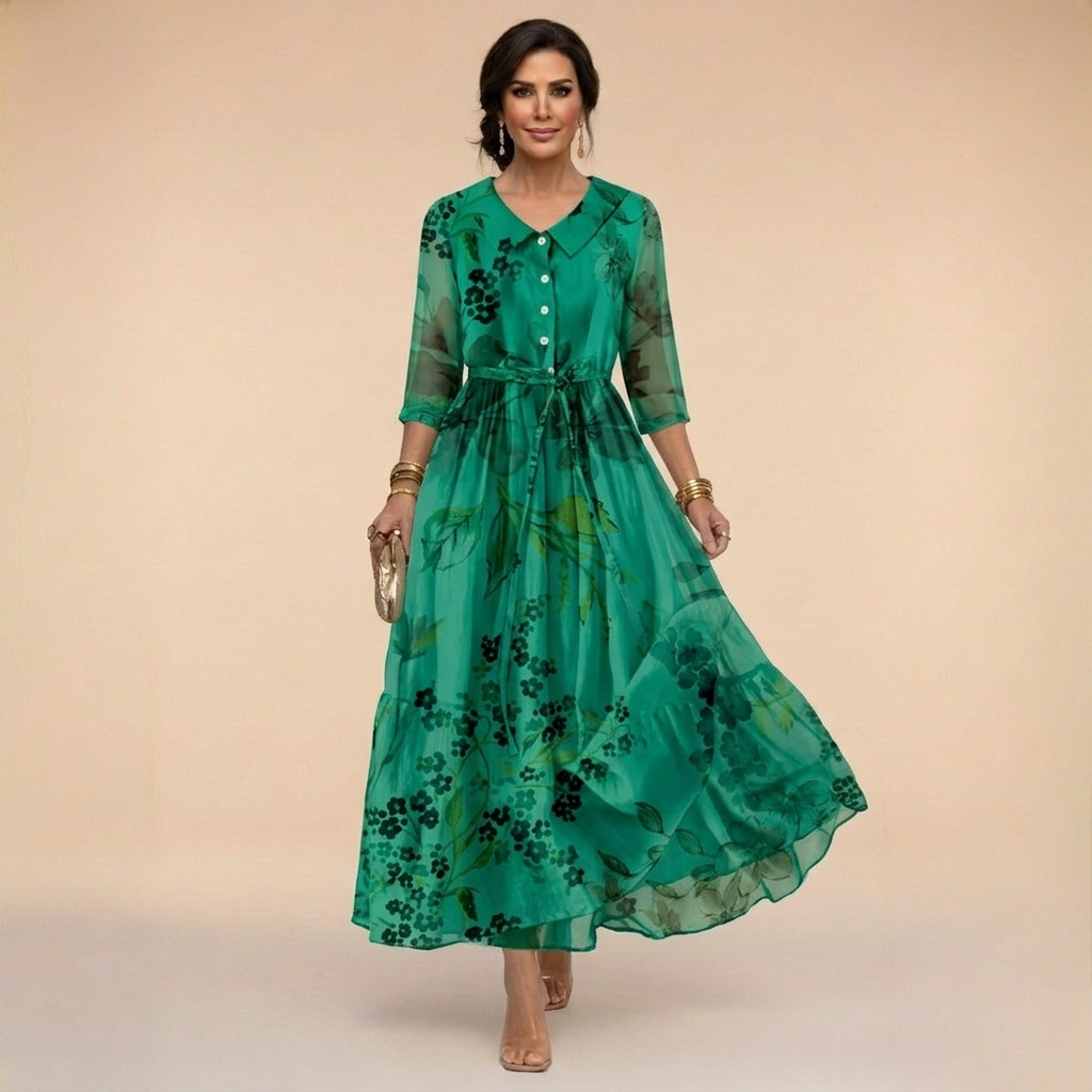 Green Dress with Floral Patterns