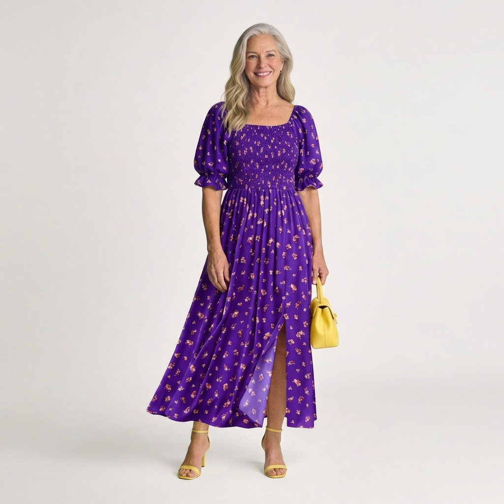 Delphine | Midi Dress with Square Neckline and Floral Puff Sleeves