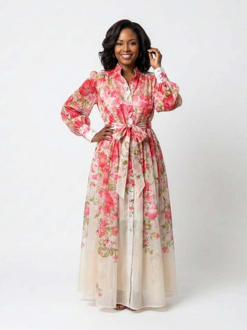 Cressida | Semi-Sheer Maxi Dress with Long Sleeves and Floral Design