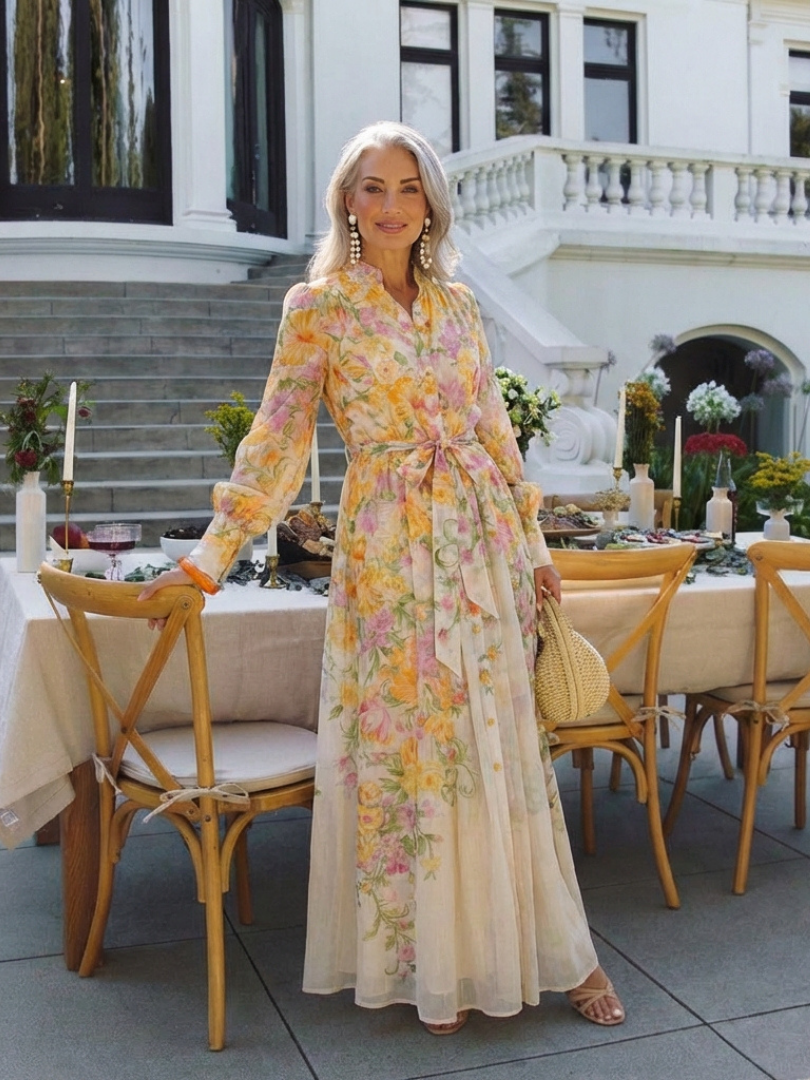 Cressida | Sheer Maxi Dress with Long Sleeves and Floral Print